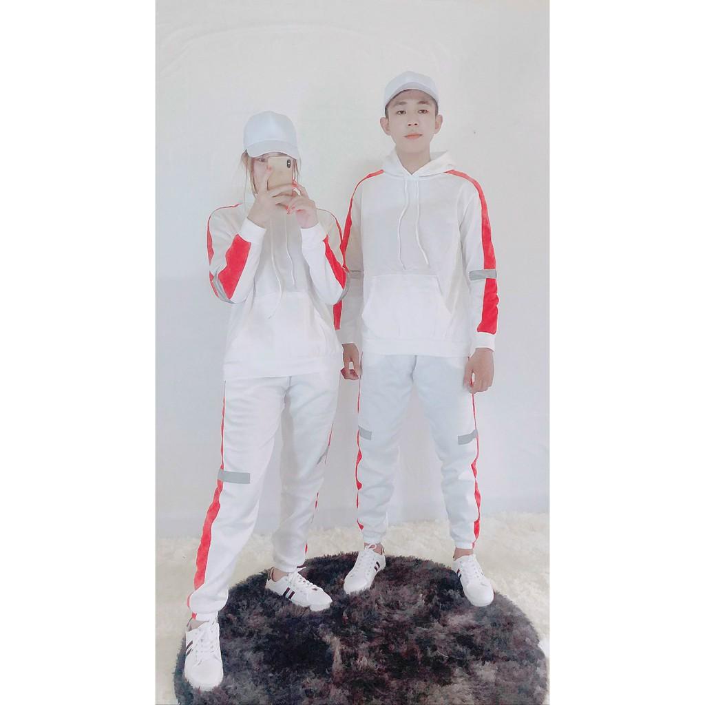Bộ dài phản quang unisex màu trắng sọc đỏ chất dù có dây kéo reesize