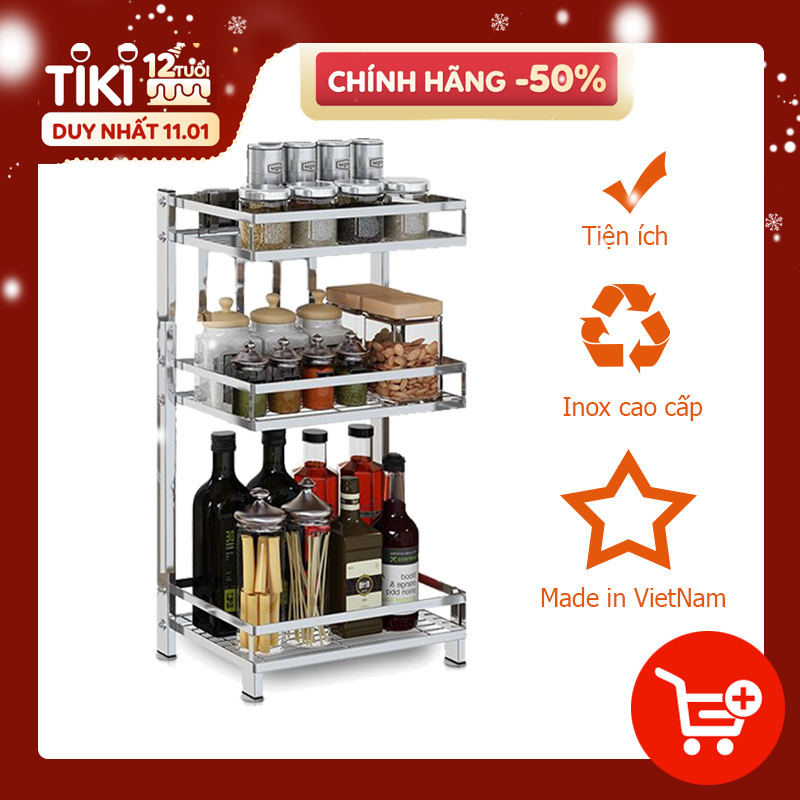 Kệ để gia vị đa năng cao cấp 3 tầng Foodcom chất liệu inox cao cấp không han gỉ, kệ đựng chai lọ đa năng, kệ để đồ nhà bếp gọn gàng sang trọng hơn, tiết kiệm không gian gia đình