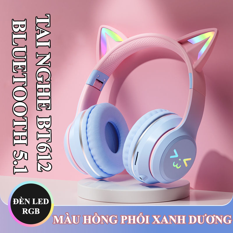 Tai nghe chụp tai BT612 kết nối bằng Bluetooth với thiết kế tai mèo dễ thương có thể gấp gọn tiện lợi kèm theo đèn led RGB - JL