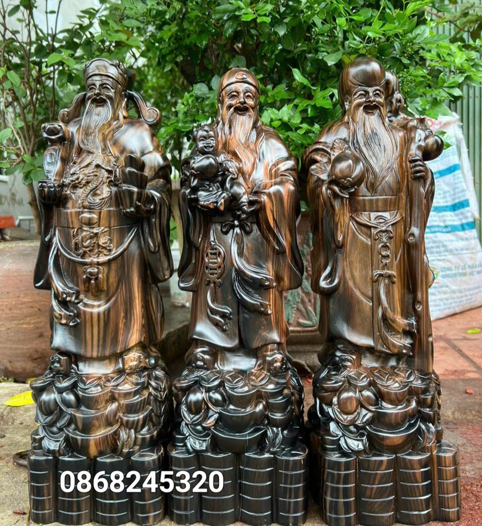 Tượng phật tam đa phúc lộc thọ bằng gỗ mun hoa kt cao 50×15×13cm