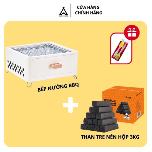 Combo bếp nướng BBQ màu trắng cao cấp kèm than tre nén 3kg ít khói, an toàn, tiện lợi di chuyển