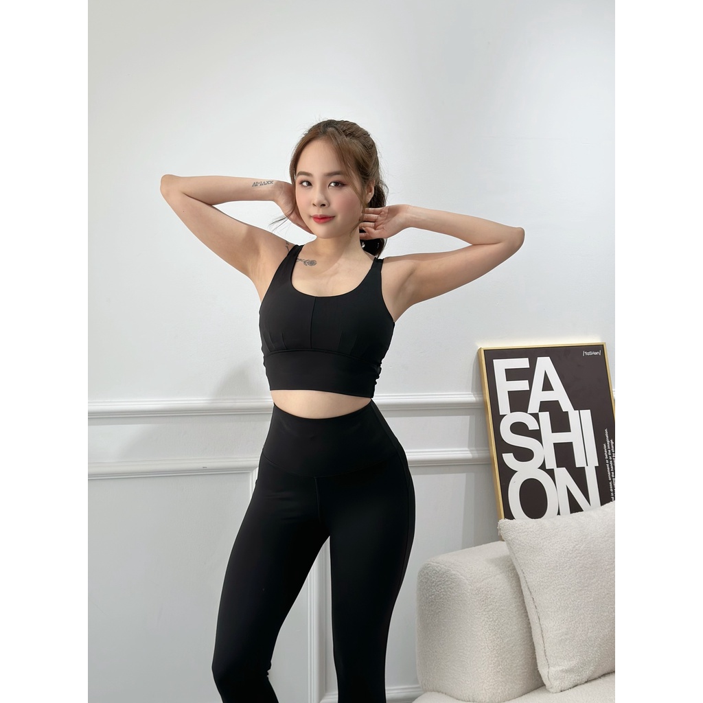 Set quần áo tập gym yoga erobic nữ bộ tập nữ áo hai dây xoắn nơ quần dài