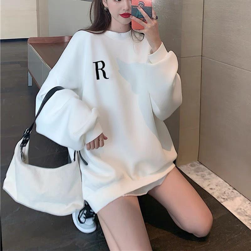 Áo hoodie nữ dài tay chất nỉ bông, áo Sweater nỉ nữ phom rộng in hình chữ R