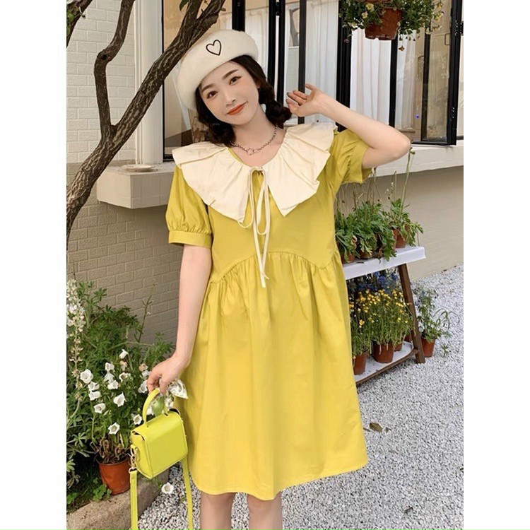 Váy babydoll phối cổ trắng, đầm bầu dáng dài, Đầm xòe ulzzang cổ bèo tiểu thư