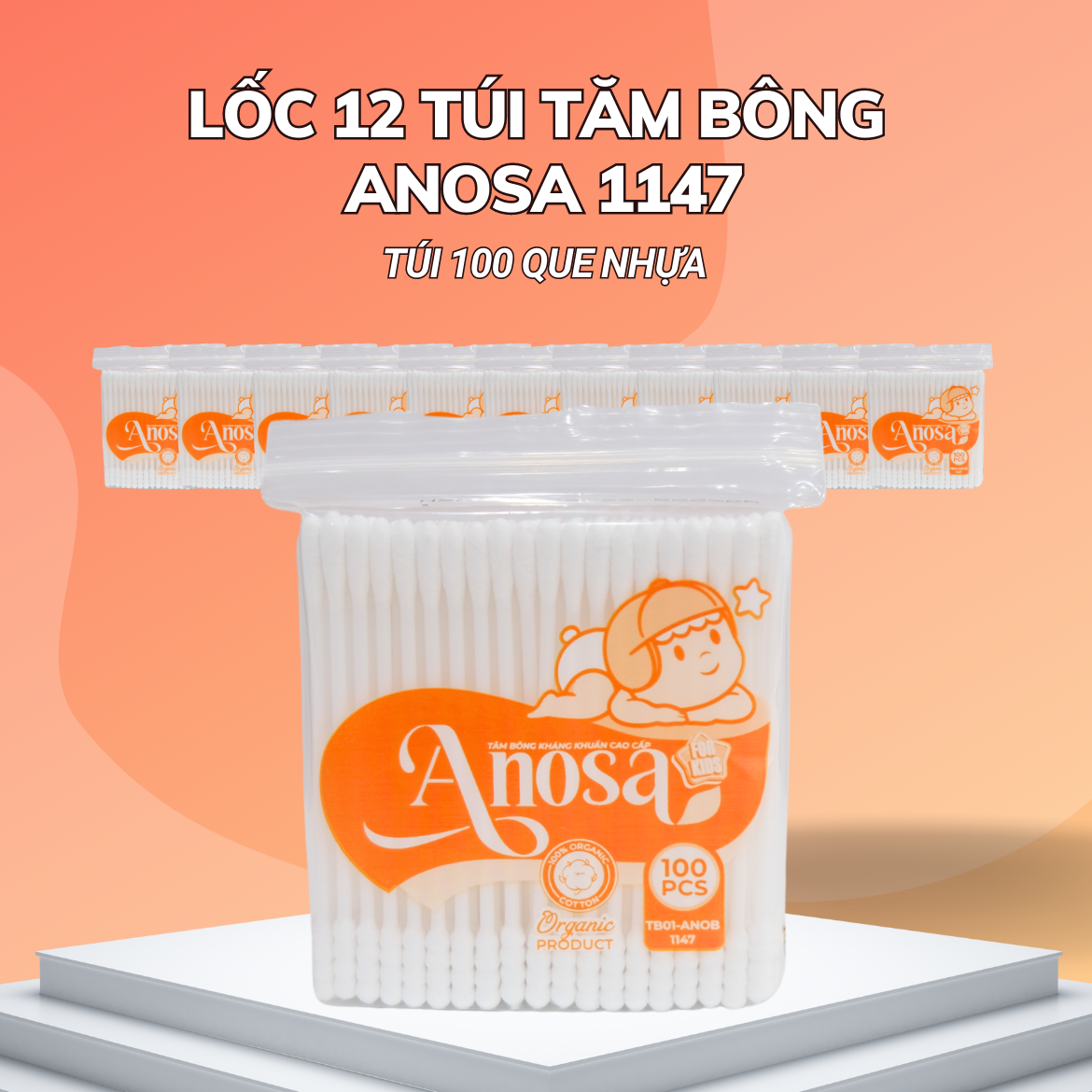 Lốc 12 gói Tăm bông Anosa trẻ em thân nhựa túi 100 que TB01-1147