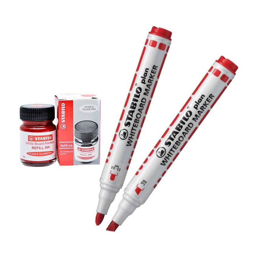 Bộ 2 Bút viết bảng đầu tròn + đầu vuông STABILO plan WHITEBOARD MARKER + Mực châm STABILO Refill Ink (WM64-BK-R2