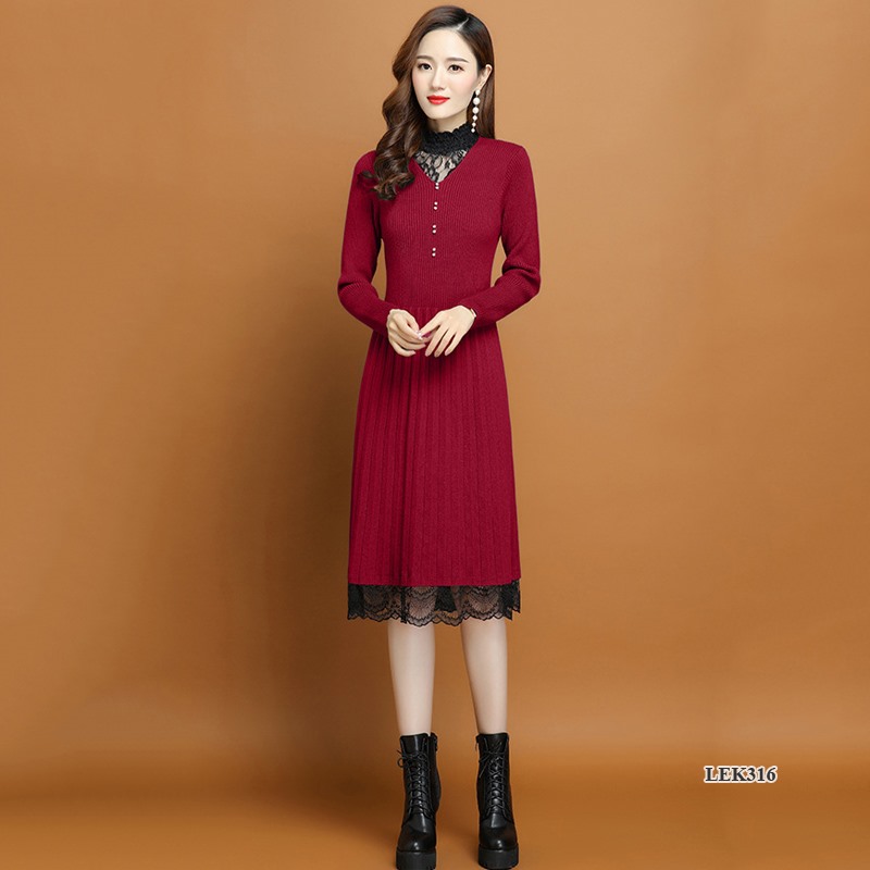 Váy len nữ phối ren thanh lịch sang trọng