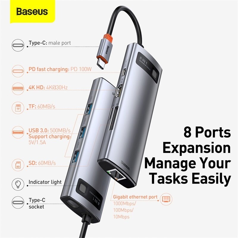 Hub chuyển đổi đa năng Baseus Type-C - HDMI, USB, RJ45, SD, TF,... dành cho Macbook, Notebook, Laptop,...