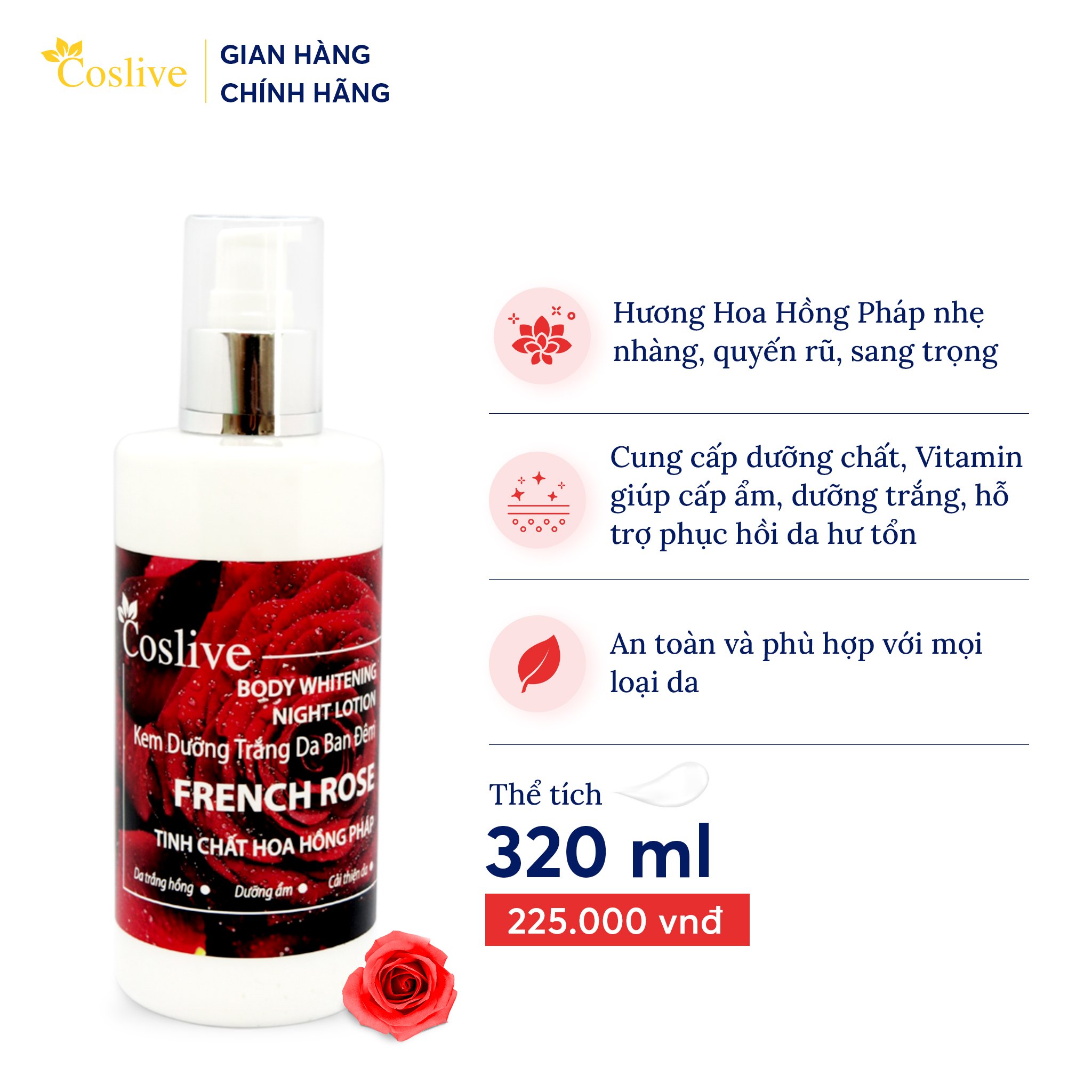 KEM DƯỠNG TRẮNG DA TOÀN THÂN BAN ĐÊM HOA HỒNG PHÁP 320ML COSLIVE