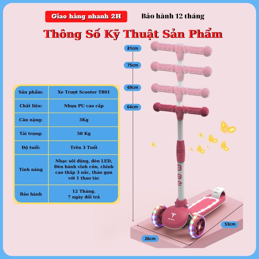 Xe Trượt Scooter Cho Bé 2-10 Tuổi 3 Bánh Có Đèn LED Phát Sáng - BUNTI T801