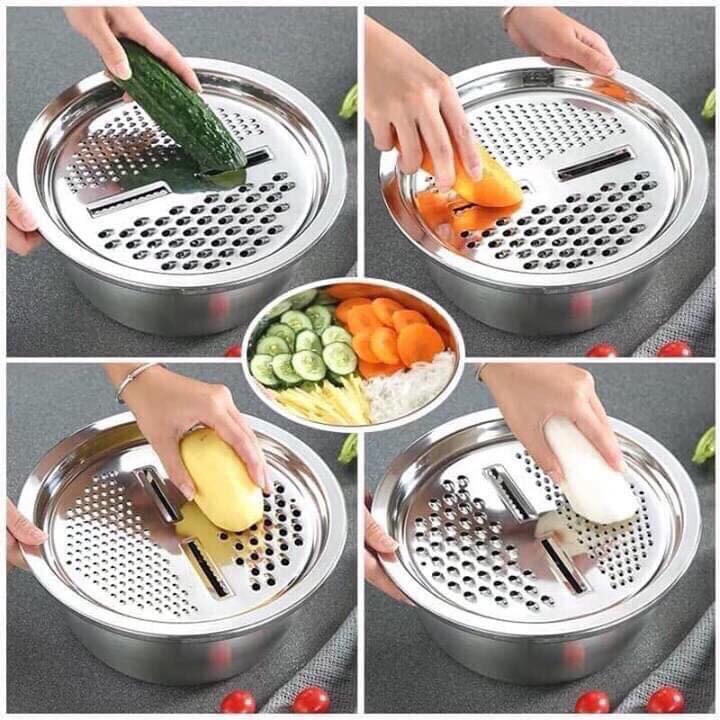 Bộ Rổ Nạo INOX Kèm Chậu Đa Năng 3 Trong 1 S̲I̲Ê̲U̲ ̲T̲I̲Ệ̲N̲ Bát Inox Trộn Rau Củ Kèm Bộ Nạo Đa Năng