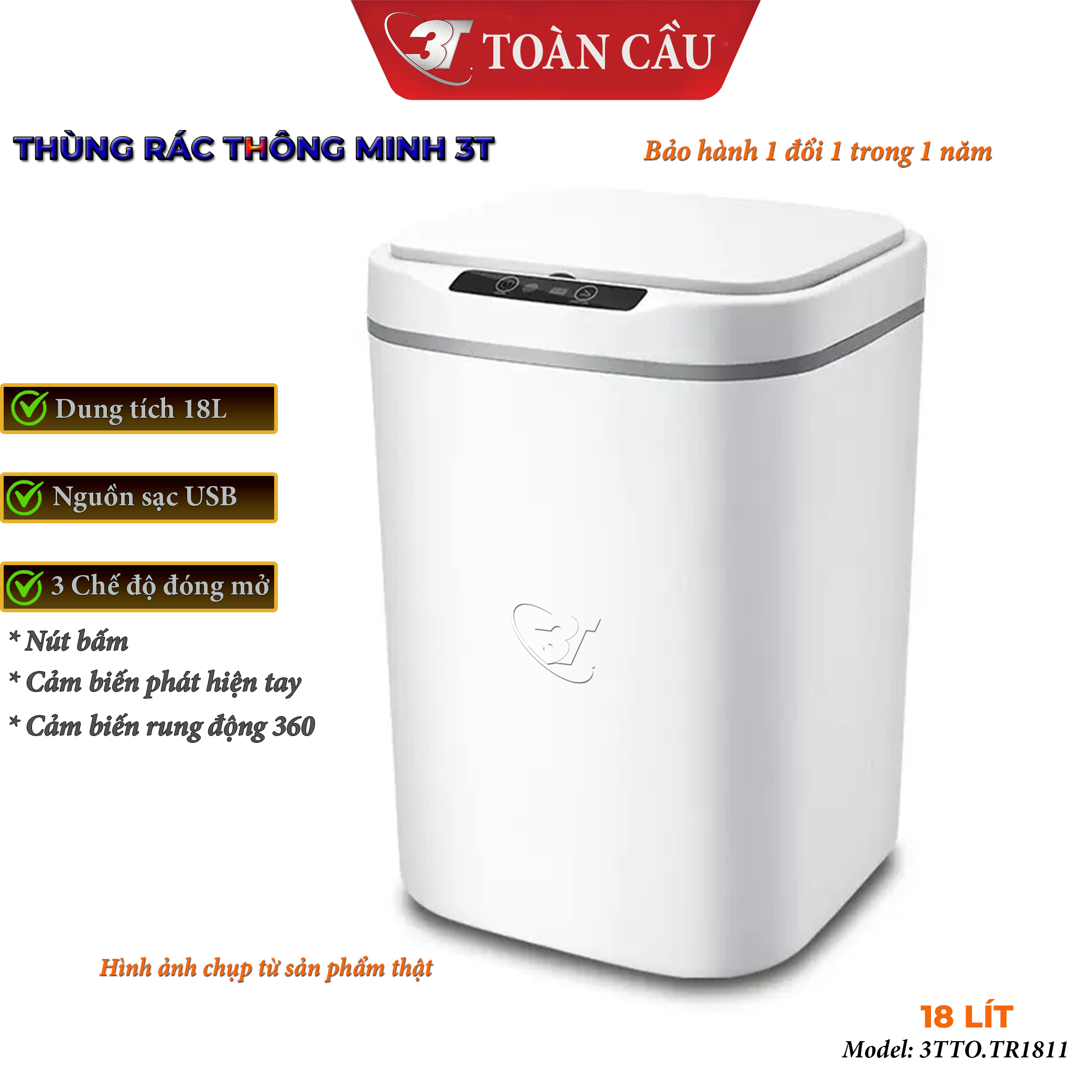 Thùng Rác Cảm Ứng Thông Minh 18L seri 3TTO.TR181X Với 3 Chế Độ Mở Nắp Tự Động Cảm Biến Thông Minh, Sử Dụng Nguồn Sạc