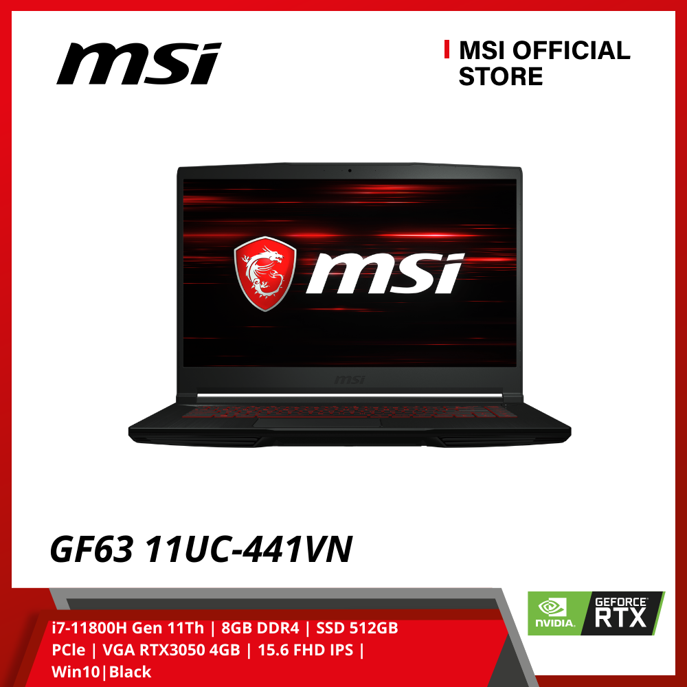 Laptop MSI Gaming GF63 11UC -441VN (i7-11800H Gen 11Th | 8GB DDR4 | SSD 512GB PCle | VGA RTX3050 4GB | 15.6 FHD IPS | Win10|Black) - Hàng Chính hãng