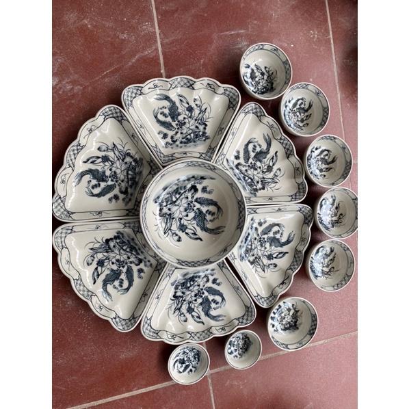 Bộ bát đĩa hoa mặt trời, men tràm cổ. Gốm sứ Bát Tràng.