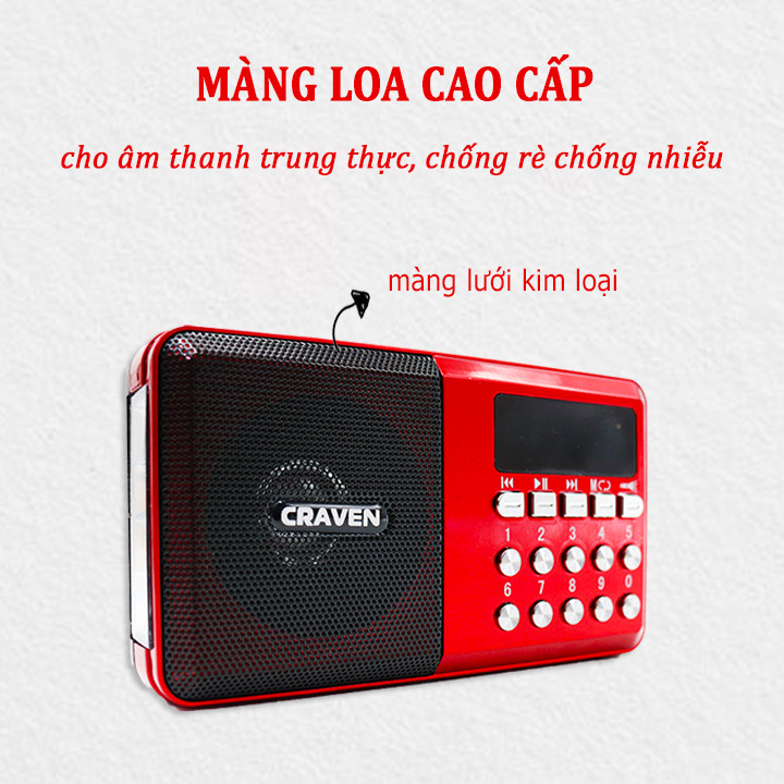 Radio mini nghe đài, nghe nhạc thẻ nhớ, USB, nghe kinh phật Craven CR-65 - có đèn pin (hàng nhập khẩu)