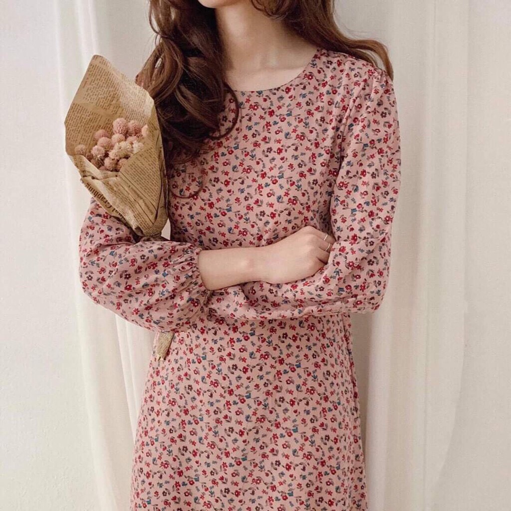 Đầm nữ hoa nhí vintage xinh xắn bánh bèo phối màu nhẹ nhàng Đũi Việt DV25