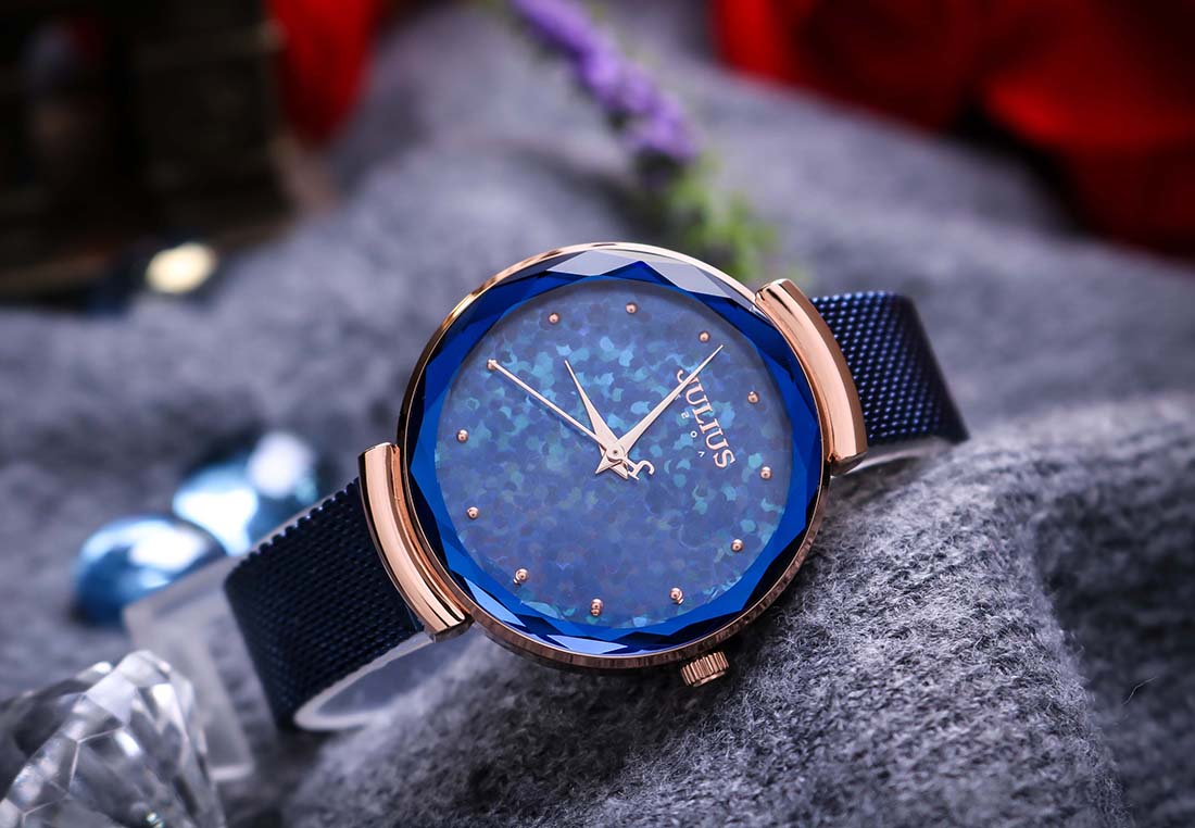 Đồng Hồ Nữ Julius Hàn Quốc JA-1189, Mặt Tròn, Họa Tiết Kim Tuyến Kết Hợp Lăng Kính 3D Lấp Lánh, Dây Thép