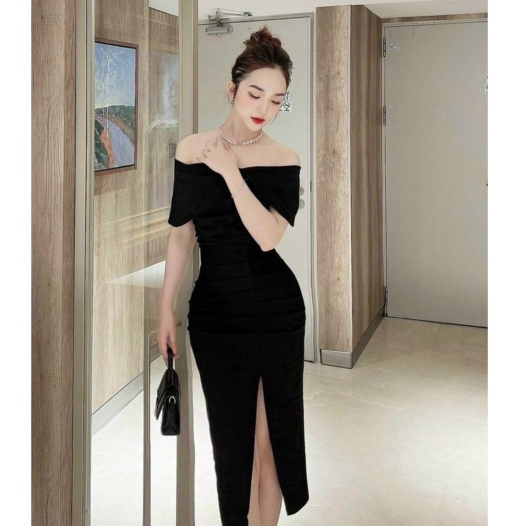 Đầm kiểu nữ trễ vai ôm body sẻ tà tay ngắn eo xếp ly có kèm mút thiết kế cho phái đẹp Kgia fashion