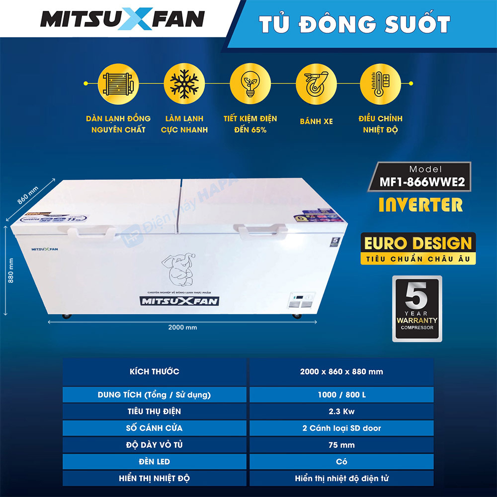 Tủ Đông Cao Cấp MITSUXFAN MF1-866WWE2D Inverter 900 Lít, 01 Ngăn, Tủ Cấp Đông Tiêu Chuẩn Châu Âu - Hàng Chính Hãng