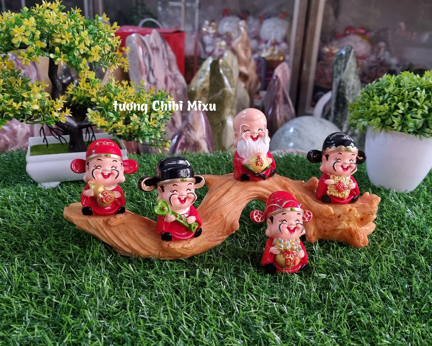 Bộ Ngũ Phúc 7cm kèm chân đế giả gỗ size nhỏ