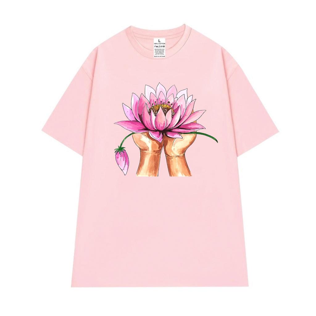 Cao cấp - Áo thun oversize hình vẽ màu nước đôi tay dâng hoa Sen lotus shirt BND553