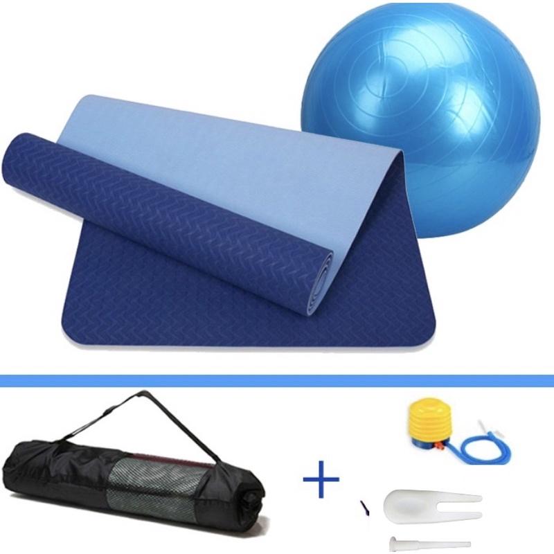 Combo thảm tập yoga TPE 6mm 2 lớp + bóng tập yoga 65cm cao cấp (Tặng túi đựng thảm và bơm bóng