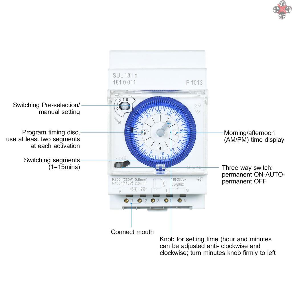 SUL181d 24-Hour Mechanical Timer 30-Minute Intervals Time Switch Relay Electrical Programmable Timer 24 hour Din Rail Timer Switch with 96 Times Off or On Time Set