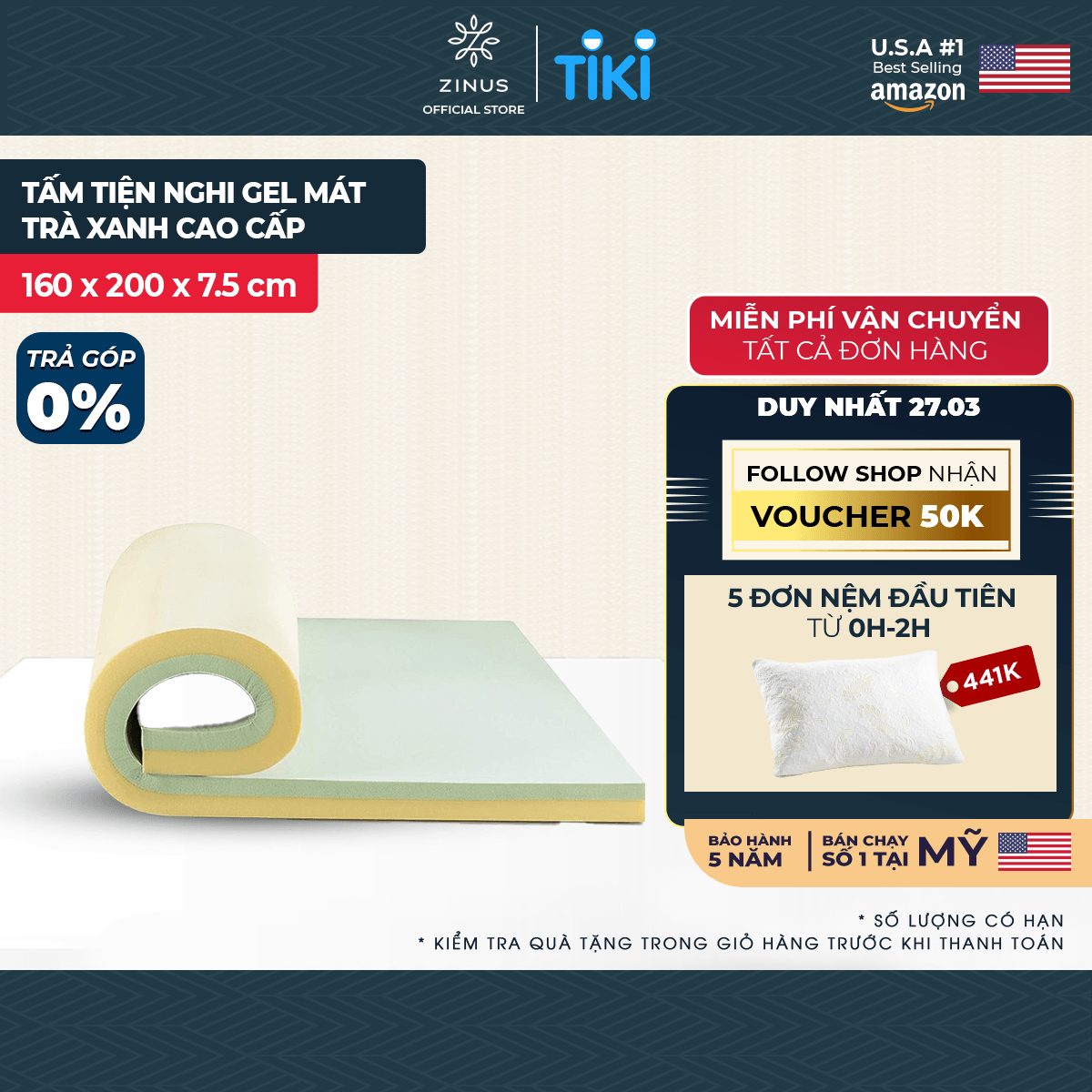 Topper Tấm Tiện Nghi Trà Xanh Gel Mát Làm Mềm Nệm Cao Cấp Zinus - Green Tea Memory Foam 160*200*7.5cm