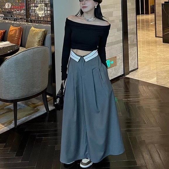 Chân váy dáng dài chữ A EMIX, váy midi xòe phối cạp viền ulzzang, chất trượt hàn, hottrend 812