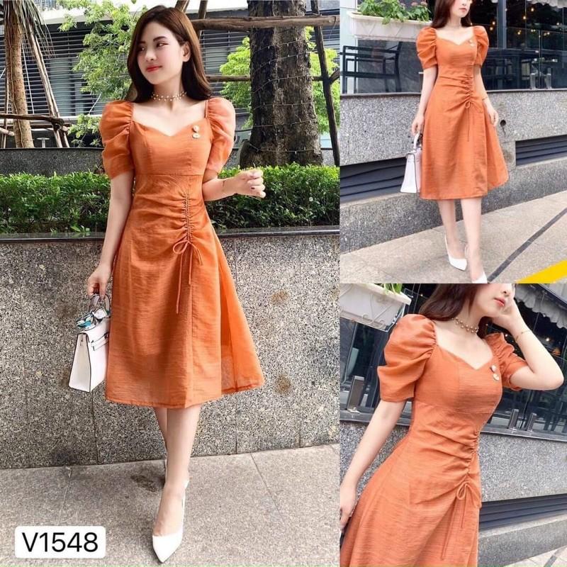 Đầm đũi xòe tay phồng, cổ vuông rút dây xinh lung linh