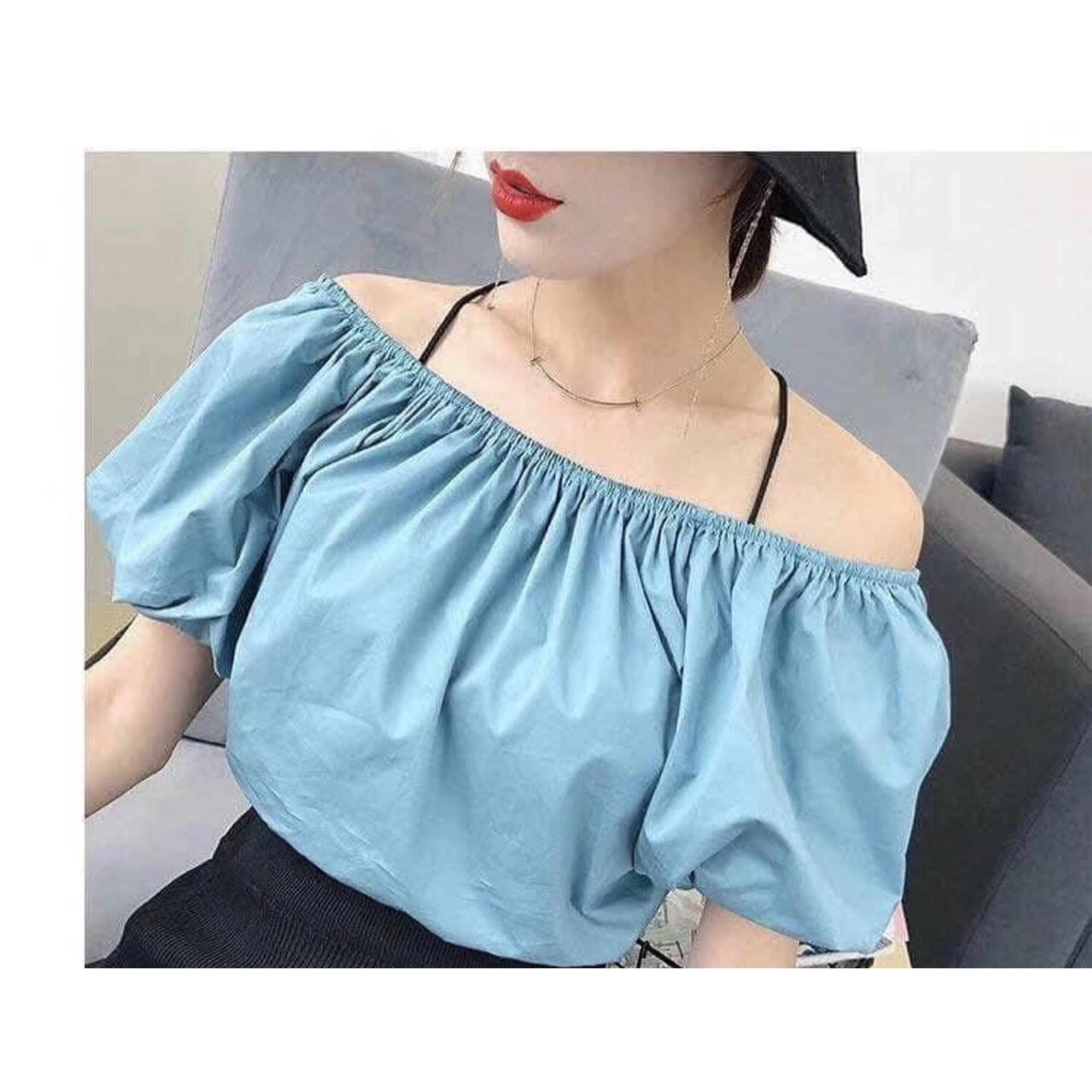 Áo croptop bẹt vai tay con phồng sành điệu