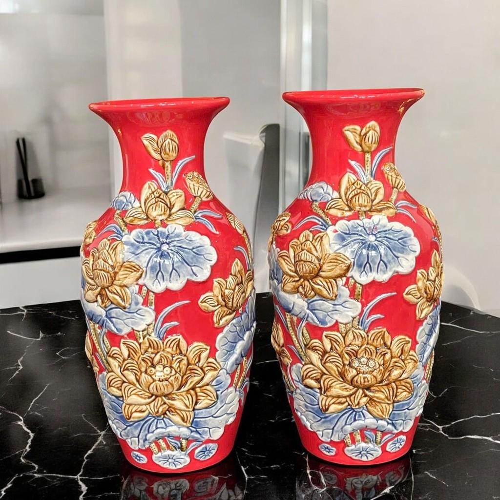 Bộ đồ thờ RỒNG VIỆT men đỏ sen đắp nổi Bát Tràng tinh xảo, hoàn hảo cho thờ thần tài và thờ Phật