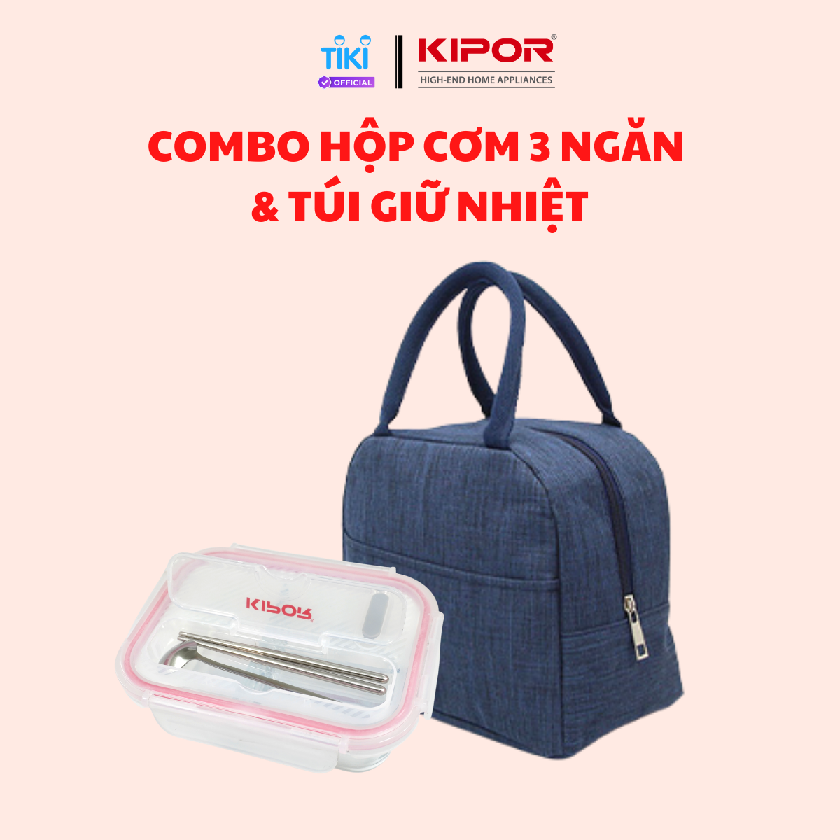 Combo hộp cơm + túi đựng cơm văn phòng KIPOR KP-HC02 - Hộp thuỷ tinh 3 ngăn kèm đũa thìa INOX - Hàng chính hãng