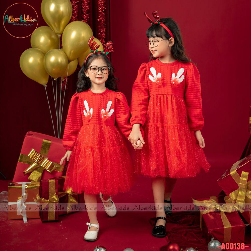 Váy bé gái ALBERKIDS công chúa đỏ noel tai tuần lộc cho trẻ em 2,3,4,5,6,7,8,9,10,11,12 tuổi
