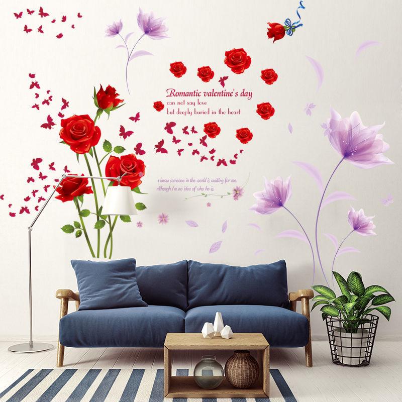 DECAL DÁN TƯỜNG HOA HỒNG NHUNG ĐỎ VÀ PHA LÊ MỎNG TÍM
