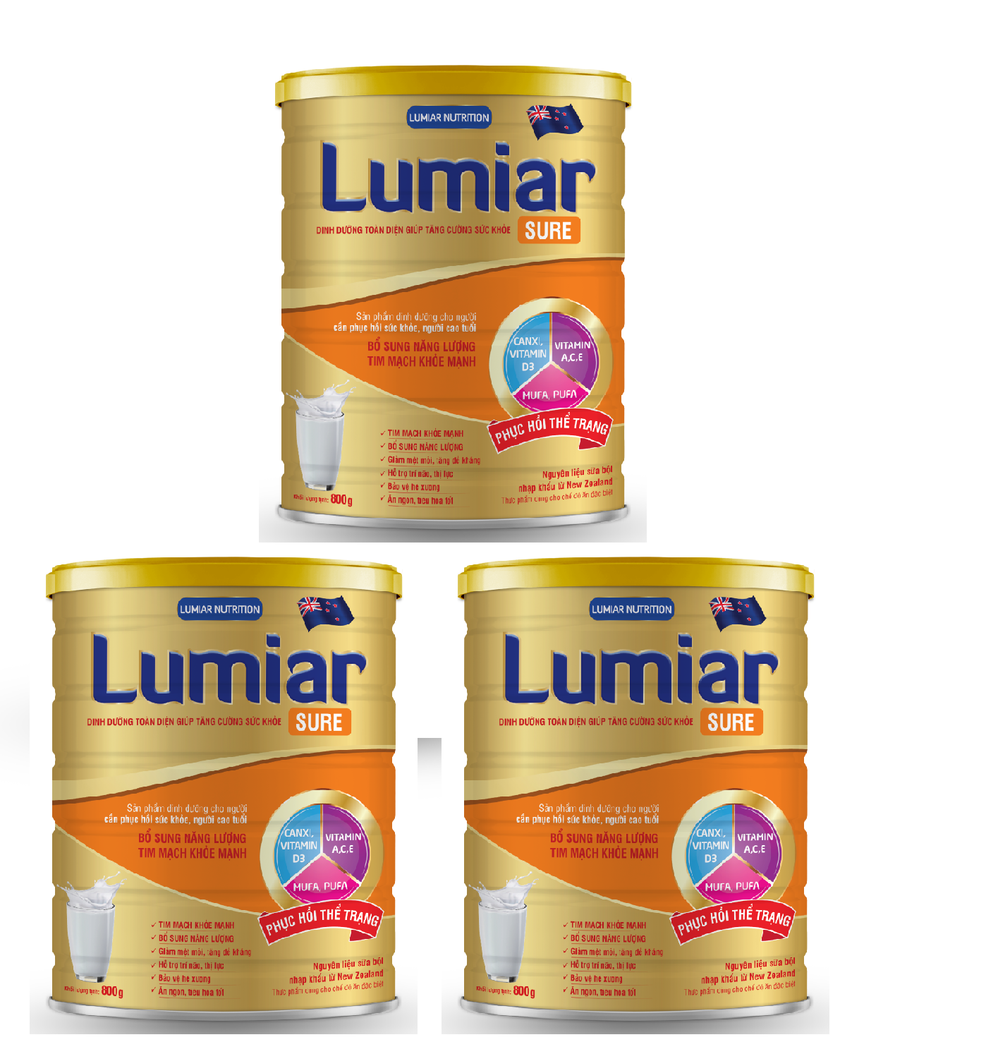 Combo 3 lon Sữa bột Lumiar Sure lon 800g - Dinh dưỡng toàn diện cho người cao tuổi. Dành cho người trưởng thành, ăn uống kém, người bệnh cần phục hồi.