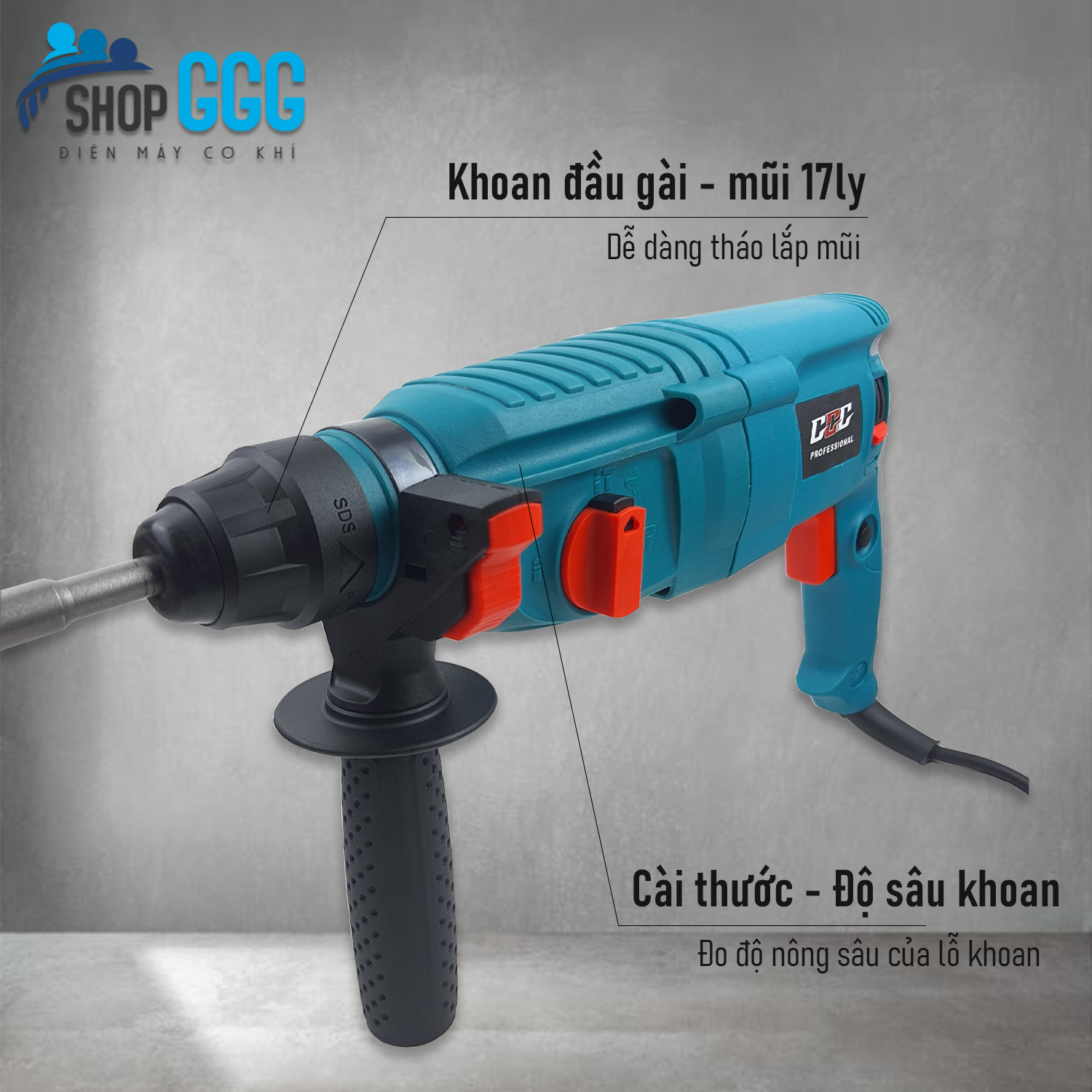 Máy khoan đục bê tông 3 chức năng chính hãng GGG 2026 | Công suất 960w, đầu 17 ly, lõi đồng, có đảo chiều | Tặng kèm 3 mũi khoan + 2 mũi đục+ vali nhựa chuyên dụng | Máy khoan động lực, khoan phá bê tông