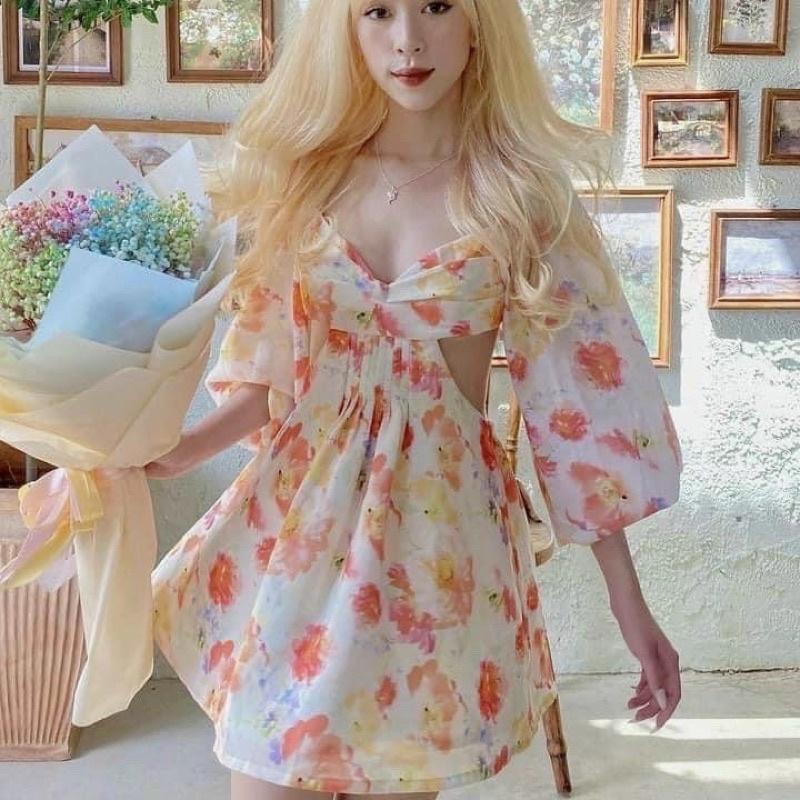 Đầm Hoa Nơ Lưng Tay Phồng Xếp Ly Thân