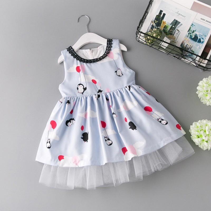 Váy xanh phi lụa kết voan bé gái