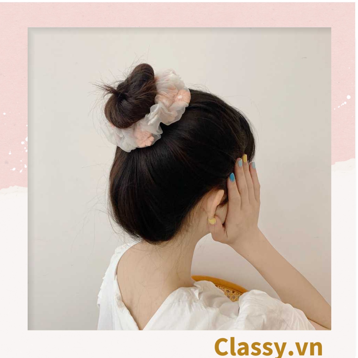 Dây cột tóc Scrunchies vải trong suốt thêu hoa