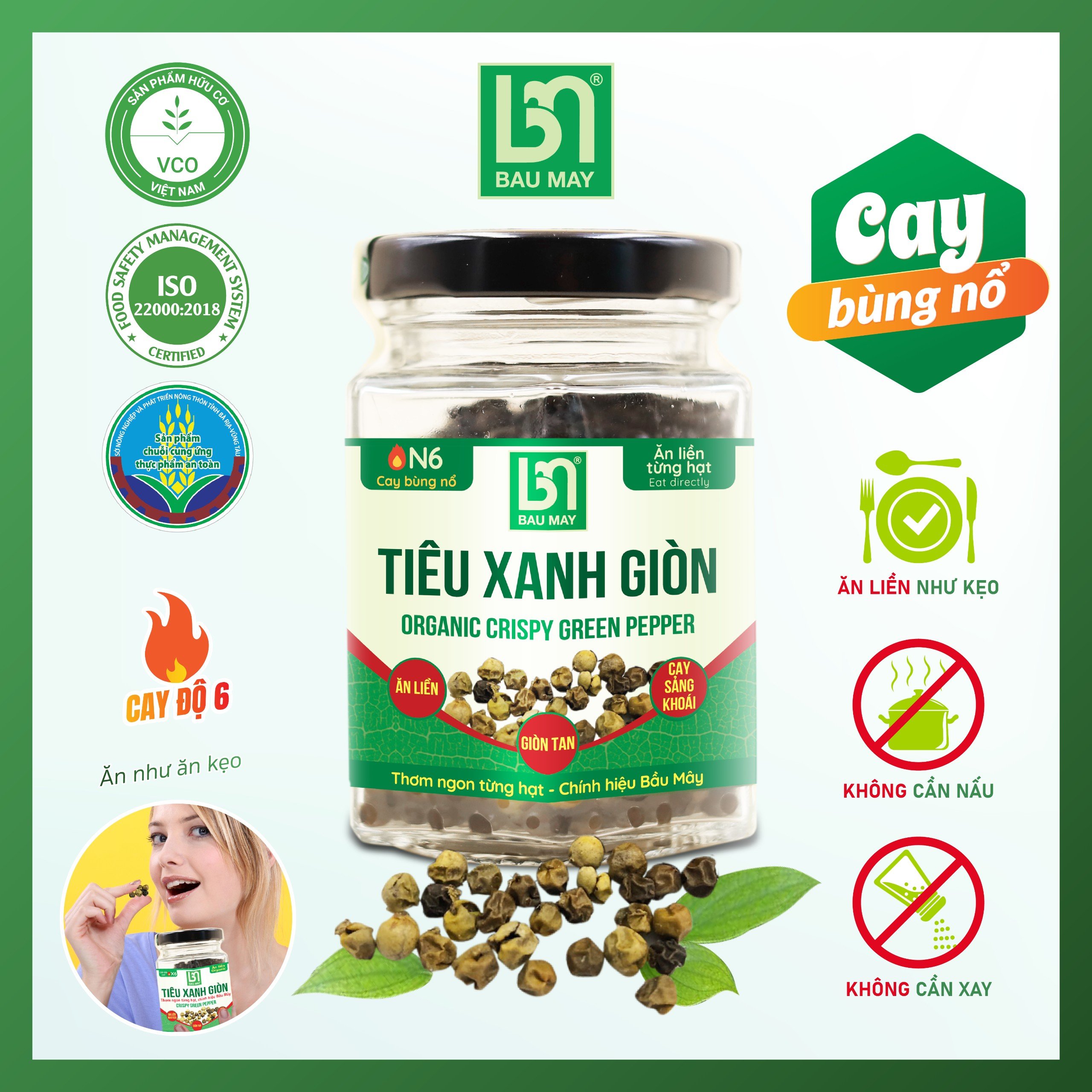 Tiêu xanh giòn Organic Bầu Mây 25g - Ăn như ăn kẹo ngậm, cay giòn tan cực đã kích thích vị giác, giúp ăn ngon miệng hơn, cải thiện chức năng của hệ tiêu hoá