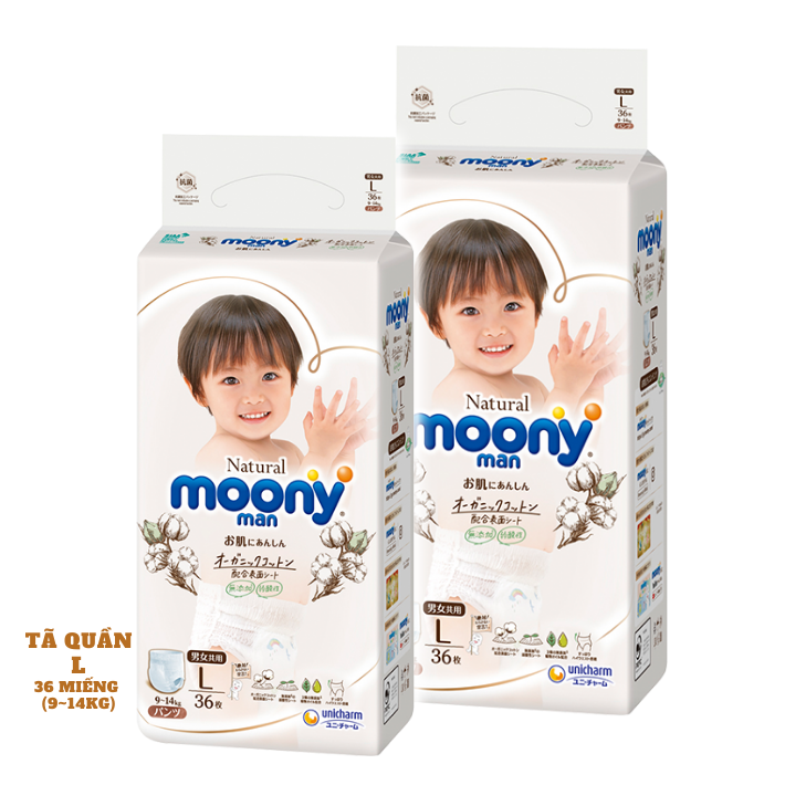 COMBO 2 Bỉm - Tã quần Moony Natural size L-36 miếng (cho bé 9-14kg)