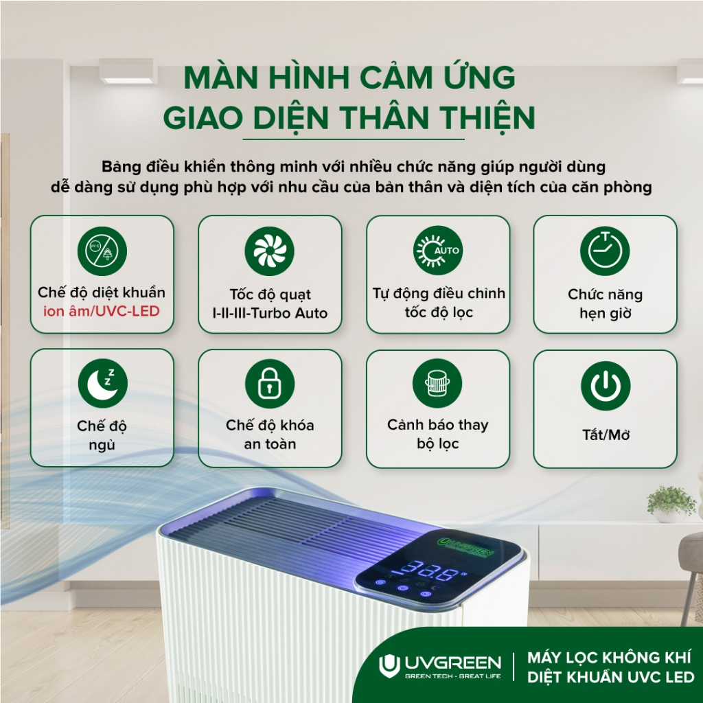 Máy lọc không khí Uvgreen KA600 - Diện tích 60m2, Bộ lọc True HEPA, Công nghệ Led UVC, Ion âm - HÀNG CHÍNH HÃNG