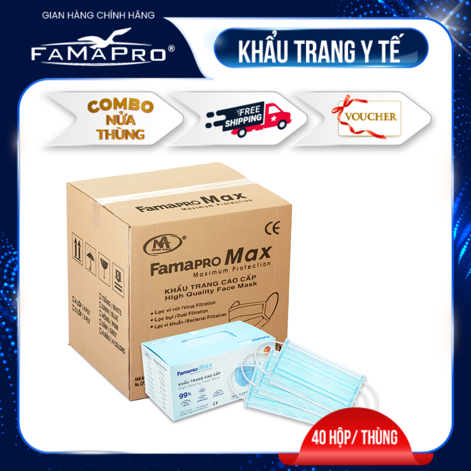 [FAMAPRO MAX - THÙNG 40 HỘP] Khẩu trang y tế cao cấp 4 lớp Famapro Max (40 cái/ hộp)