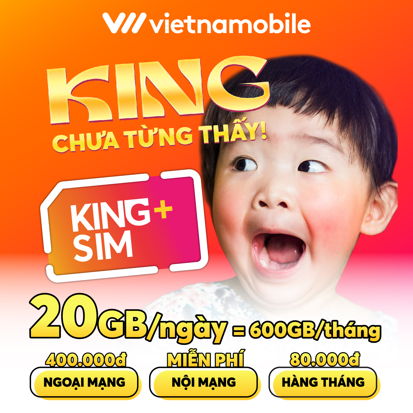 Sim 4G Vietnamobile KING PLUS 20GB/Ngày - 600GB/Tháng. Miễn Phí 200 Phút Gọi Ngoại Mạng + Free Nội Mạng. Tặng 400K Tài Khoản Chính. Dùng Trên Toàn Quốc - Hàng Chính Hãng