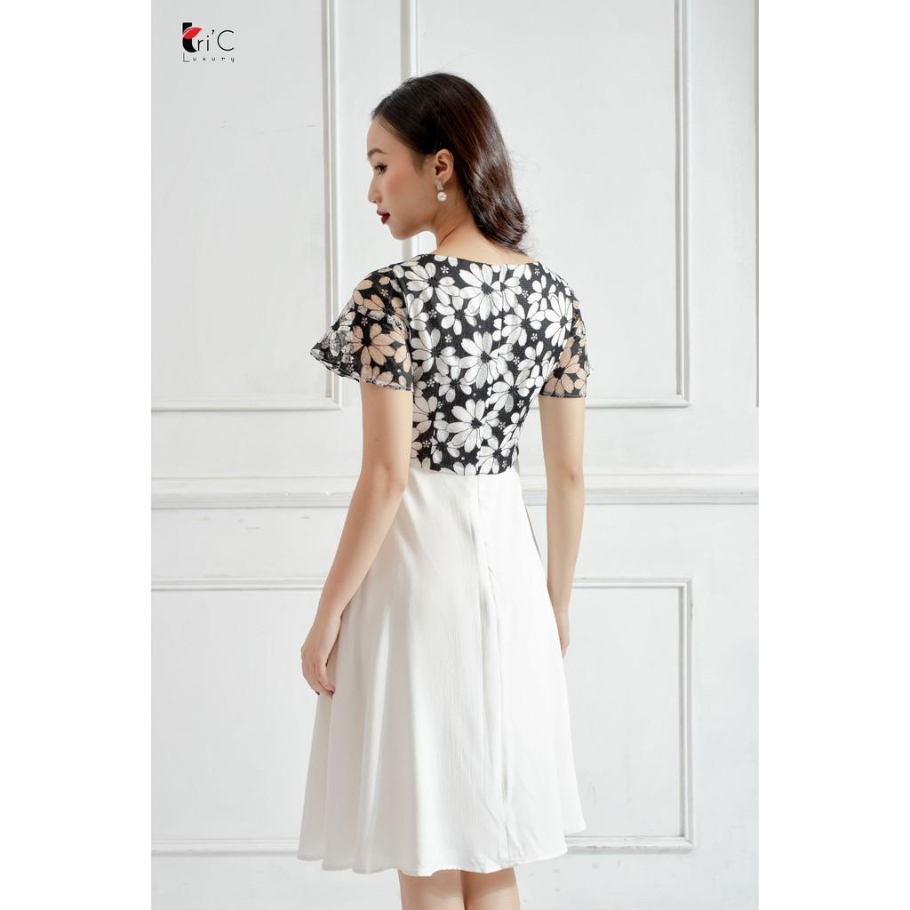 Đầm ren xòe Tri'C Luxury họa tiết phối Trắng A13219-T
