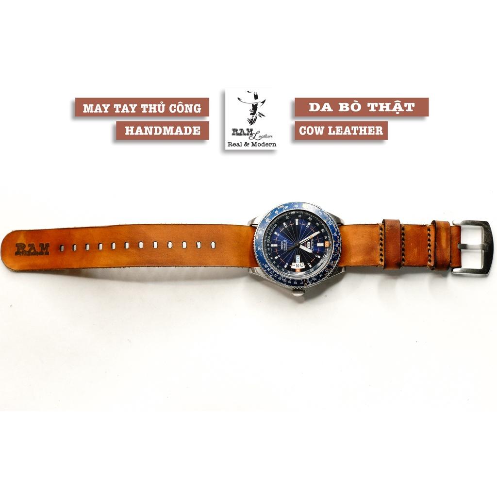 Dây đồng hồ da bò vegtan thảo mộc kiểu nato quân đội RAM Leather - tặng khóa chốt và cây thay dây