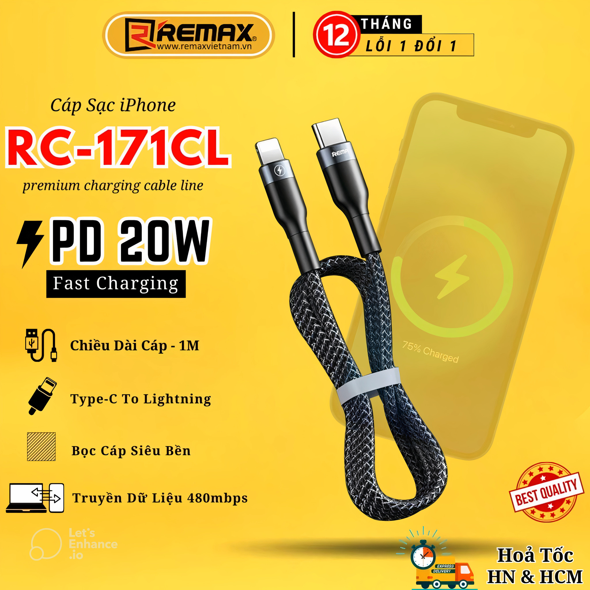 Cáp Sạc Nhanh 20W Dành Cho iPhone Remax RC-171, Chuẩn TypeC to IP, Sử Dụng Chip E-marker, Chống Sạc Quá Tải, Chống Gãy Cáp - Hàng Chính Hãng Remax