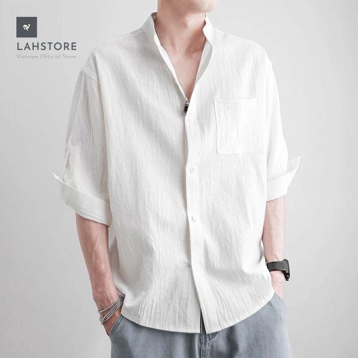 Áo đũi nam cổ tàu mở khuy form rộng tay lỡ LAHSTORE, phù hợp từ 58 đến 88kg