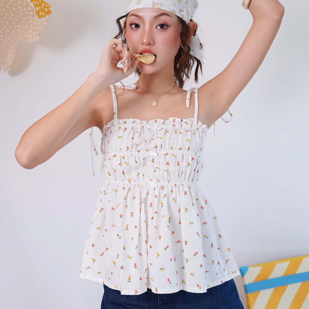 Áo kiểu áo hai dây cột họa tiết hoa nhún ngực kiểu xòe nữ tính tiểu thơ Charming Miều Est.2013